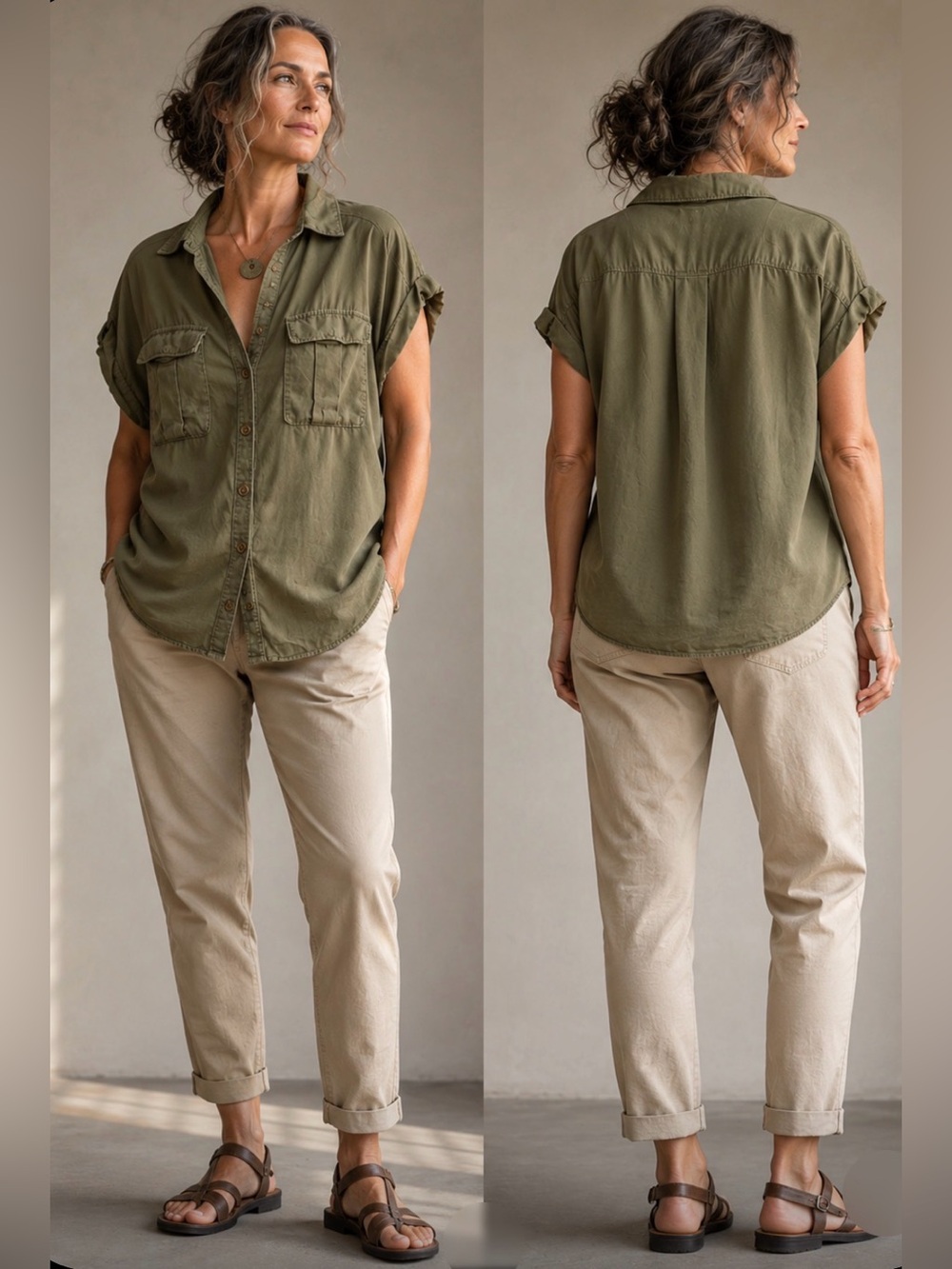 Women's Olive Button-Front Utility Safari Casual Short Sleeve Blouse Medium